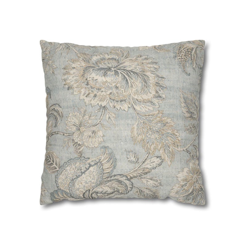 Patina Blue Vintage Floral Pillow Cover | French Country Linen Look image 1