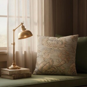 May include: A brass-toned metal desk lamp with an adjustable arm and dome shade sits atop a stack of two books. Beside the lamp is a square throw pillow featuring a light blue and tan floral pattern, positioned next to a solid dark green pillow.