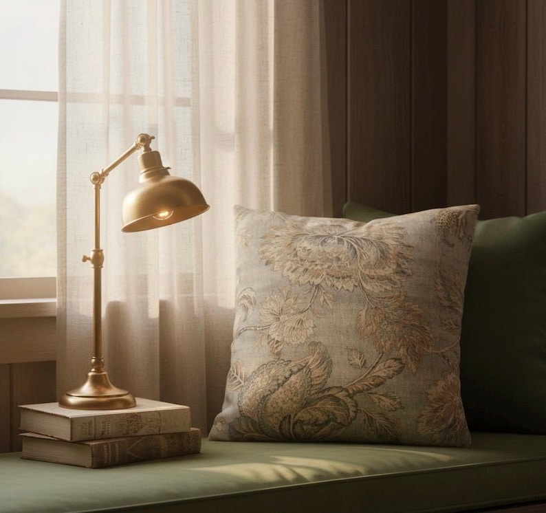 May include: A brass-toned metal desk lamp with an adjustable arm and dome shade sits atop a stack of two books. Beside the lamp is a square throw pillow featuring a light blue and tan floral pattern, positioned next to a solid dark green pillow.