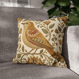 Golden Yellow Bird Pillow Cover, Vintage Floral Embroidered Look, English Country Decor image 9
