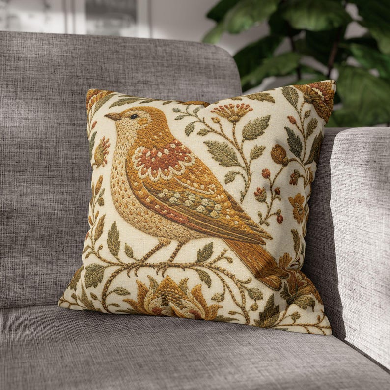 Golden Yellow Bird Pillow Cover, Vintage Floral Embroidered Look, English Country Decor image 9
