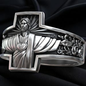 925 Silver Jesus Christ Ring for Men, Sacred Heart Cross Band, Handmade Christian Jewelry, Catholic Faith Gift, Statement Ring for Him