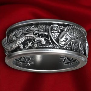 925K Silber Dragon Vs Koi Fisch Ring, Japanische Mythologie Kampfband Ring für Männer, handgemachter Samurai Stil Schmuck, Geschenk für ihn