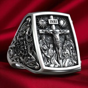Jesus Crucifix Ring With Mary And Saints, Handmade Christian Signet Ring For Men, Religious Cross Jewelry, Catholic Faith Gift For Him
