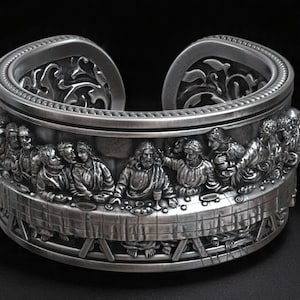 The Last Supper Cuff Ring for Men – Jesus and Apostles 3D Carved Band, Gothic Christian Orthodox Catholic Jewelry, 18K Gold Plated Tribute