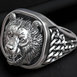 Viking Bear Head Ring for Men, Nordic Signet with Celtic Knotwork, Norse Warrior Jewelry, Handmade Animal Totem Gift for Him