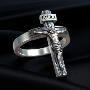 925 Silver Crucifix Cross Ring, Handmade Jesus Christ INRI Band, Catholic Christian Jewelry for Men, Religious Faith Statement Gift for Him