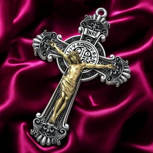 Catholic Crucifix Pendant With Saint Benedict Medal, Sterling Silver Handmade Jesus Cross Necklace, Religious Gift For Him Or Mama