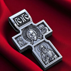 Handmade Orthodox Cross With Savior And Saint George, Christian Pendant 31x18mm, Icon Necklace, Religious Gift For Him, Faith Amulet