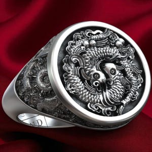 Chinese River Fish Ring Handmade In Silver, Traditional Lucky Symbol Signet Ring For Men, Yin Yang Inspired Jewelry, Cultural Gift For Him