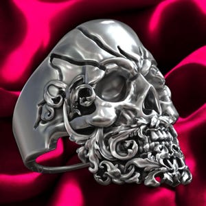 Skull Head Beard Biker Ring, Handmade Gothic Skull Jewelry, Beard Pattern Skull Ring, Dark Fantasy Statement Ring, Unique Gift For Him