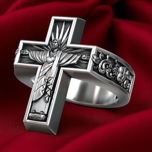 Handcrafted Sacred Heart Ring with Jesus Christ Cross for Men – Christian Faith Statement Band,Unique Handmade Catholic Jewelry,Gift for Him