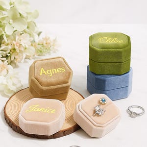 Personalized Velvet Ring Box: Custom Embroidered Hexagon Jewelry Holder