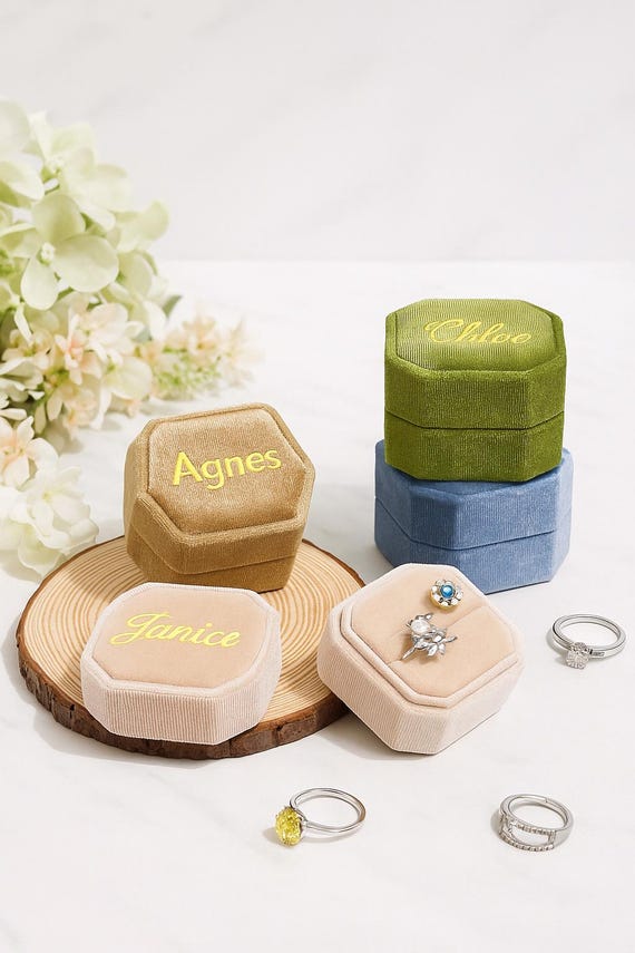 Personalized Velvet Ring Box Custom Embroidered Jewelry Holder