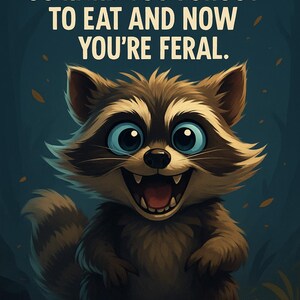 May include: A cartoon raccoon illustration with a large grin and blue eyes. The raccoon is brown and tan with a fluffy tail. Text above reads: "POV: YOU HYPERFIXATED SO HARD YOU FORGOT TO EAT AND NOW YOU'RE FERAL."
