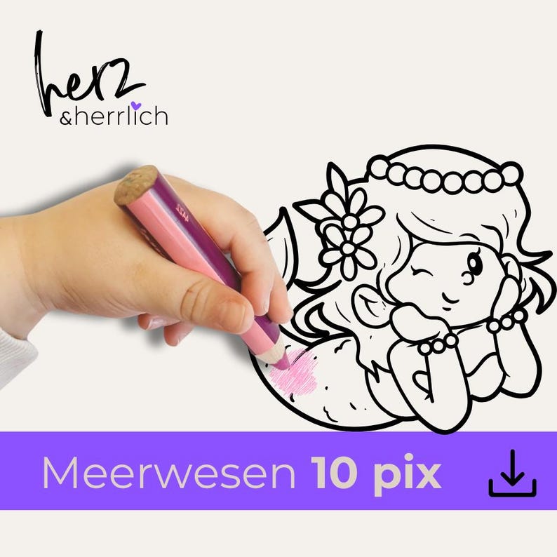 Puede incluir: Una p&aacute;gina para colorear de una sirena se est&aacute; coloreando con un l&aacute;piz de color rosa y morado. El texto "Meerwesen 10 pix" se muestra en una pancarta morada. El logo "herz & herrlich" est&aacute; arriba.