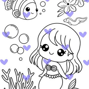 Puede incluir: Ilustraci&oacute;n en blanco y negro de una sirena de dibujos animados con un pez, burbujas, coral, flores y una peque&ntilde;a anguila. La sirena tiene pelo largo y un top de concha. La imagen es una p&aacute;gina para colorear.