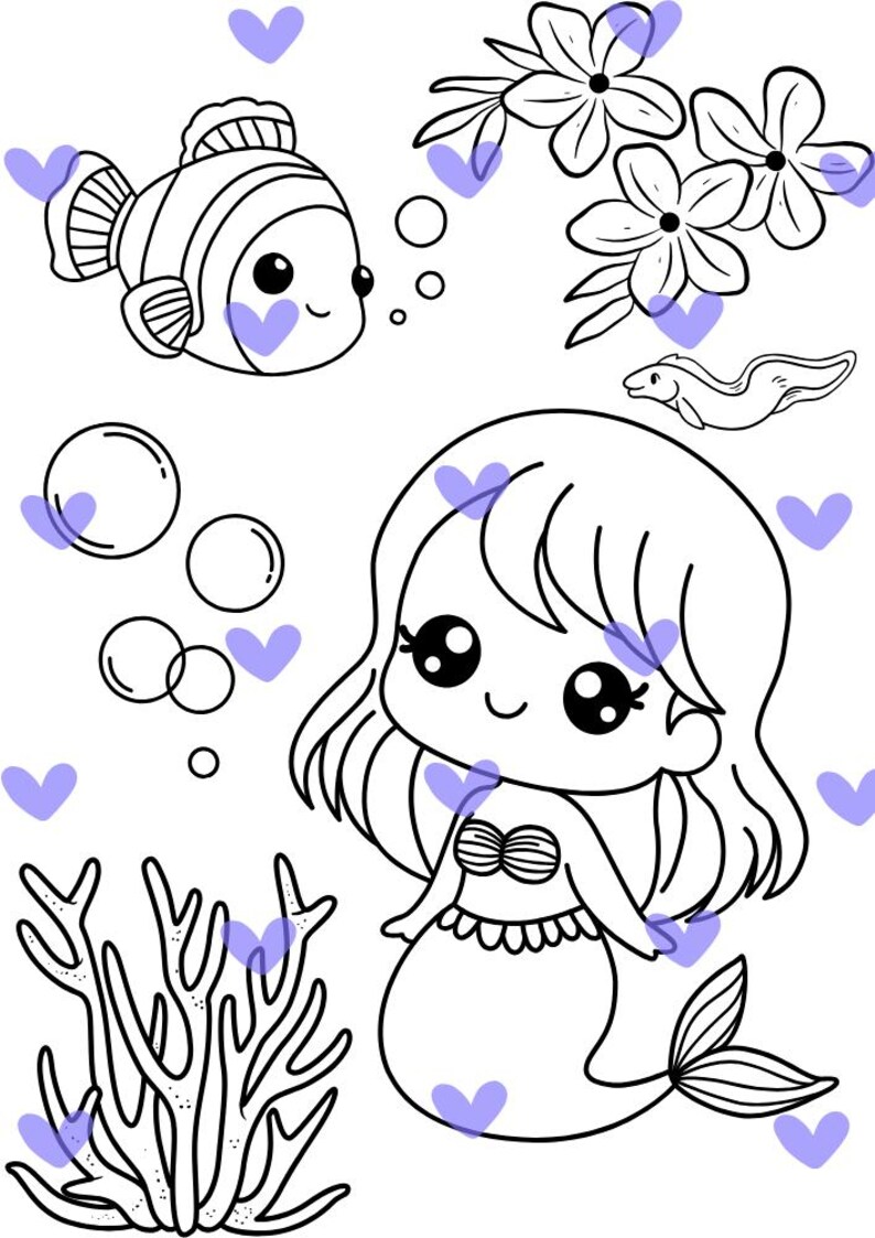 Puede incluir: Ilustraci&oacute;n en blanco y negro de una sirena de dibujos animados con un pez, burbujas, coral, flores y una peque&ntilde;a anguila. La sirena tiene pelo largo y un top de concha. La imagen es una p&aacute;gina para colorear.