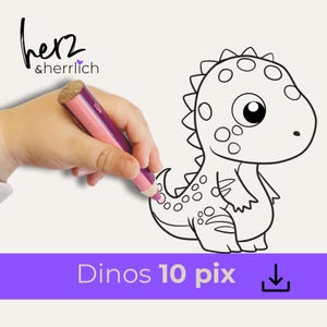 Puede incluir: Un lápiz rosa y morado se sostiene cerca de un contorno de dinosaurio en blanco y negro. El dinosaurio tiene ojos grandes y una espalda puntiaguda. El texto "Dinos 10 pix" está en una pancarta morada en la parte inferior de la imagen.