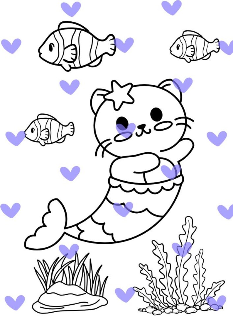 Puede incluir: Ilustraci&oacute;n en blanco y negro de un gato sirena con una estrella en la cabeza, rodeado de peces y corazones morados. El gato sirena tiene cola de pez y est&aacute; saludando. Algas marinas y una roca en la parte inferior.