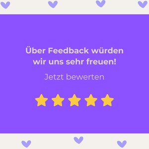 Puede incluir: Un gr&aacute;fico p&uacute;rpura con texto blanco y cinco estrellas amarillas. El texto dice: "&Uuml;ber Feedback w&uuml;rden wir uns sehr freuen! Jetzt bewerten."