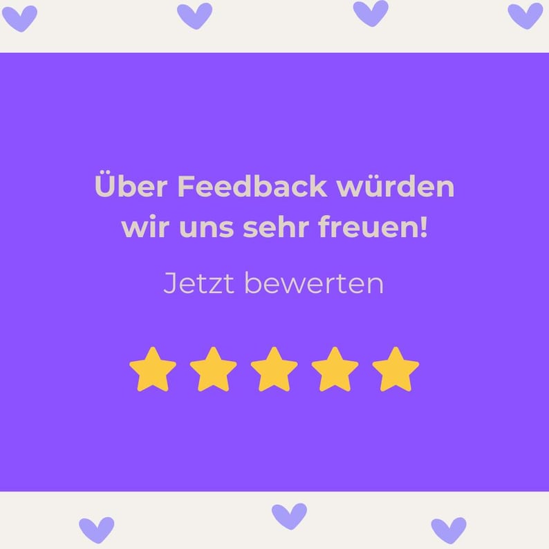 Puede incluir: Un gr&aacute;fico p&uacute;rpura con texto blanco y cinco estrellas amarillas. El texto dice: "&Uuml;ber Feedback w&uuml;rden wir uns sehr freuen! Jetzt bewerten."