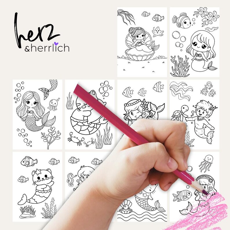Puede incluir: Una colecci&oacute;n de ocho p&aacute;ginas para colorear con tem&aacute;tica de sirenas con varios dise&ntilde;os, incluyendo sirenas, peces y plantas submarinas. Una mano est&aacute; coloreando una de las p&aacute;ginas con un l&aacute;piz de color rosa. La esquina superior izquierda tiene el texto "herz & herrlich".