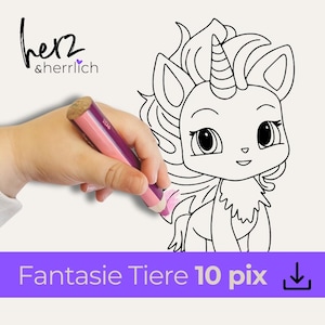 Puede incluir: Dibujo lineal en blanco y negro de un unicornio con cuerno y ojos grandes. Una mano colorea el dibujo con un lápiz rosa y morado. El texto "Fantasie Tiere 10 pix" se muestra en una pancarta morada.