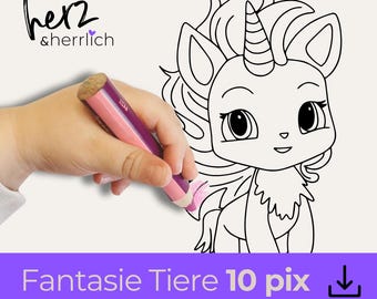 Ausmalbilder Fantasie-Tiere, Caticorn, Unicat, Axolotl, digital download, coloring page