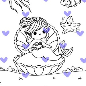 Puede incluir: Ilustraci&oacute;n en blanco y negro de una sirena sentada en una concha, rodeada de peces, una estrella de mar y corazones morados. La sirena tiene pelo largo y una cara sonriente. La imagen es para colorear.
