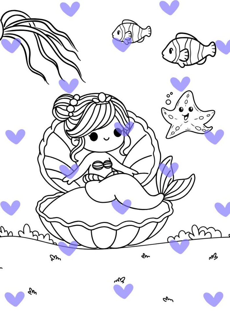 Puede incluir: Ilustraci&oacute;n en blanco y negro de una sirena sentada en una concha, rodeada de peces, una estrella de mar y corazones morados. La sirena tiene pelo largo y una cara sonriente. La imagen es para colorear.