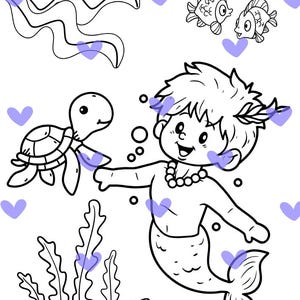 Puede incluir: Ilustraci&oacute;n en blanco y negro de una sirena con una tortuga, peces y algas marinas. La sirena tiene una corona de laurel y un collar de perlas. Tambi&eacute;n se incluyen burbujas y corazones.
