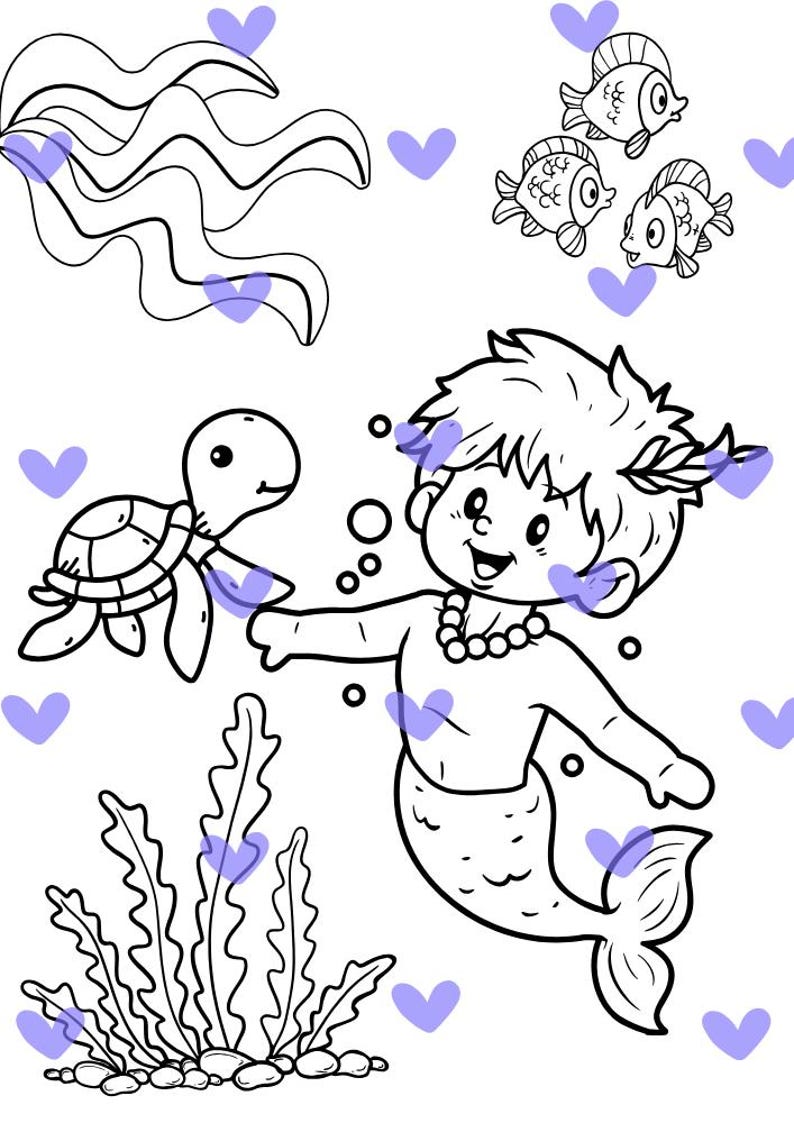 Puede incluir: Ilustraci&oacute;n en blanco y negro de una sirena con una tortuga, peces y algas marinas. La sirena tiene una corona de laurel y un collar de perlas. Tambi&eacute;n se incluyen burbujas y corazones.