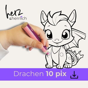 May include: A pink and purple crayon is held near a black and white cartoon dragon illustration. The dragon has large eyes and a friendly expression. The text "Drachen 10 pix" is in a purple banner at the bottom.