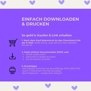 Puede incluir: Un gr&aacute;fico p&uacute;rpura con texto blanco e iconos. El texto dice "Einfach Downloaden & Drucken" y proporciona instrucciones para descargar e imprimir archivos. Incluye un carrito de compras, una flecha de descarga e iconos de impresora.