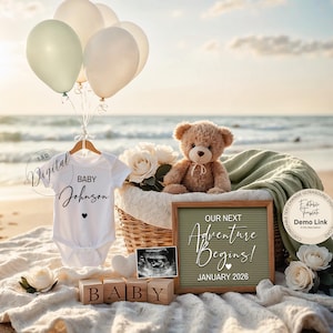 Beach Pregnancy Announcement Digital, Digital Baby Announcement, Editable Template, Neutral Baby Reveal, Digital Download, Summer Baby