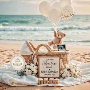 Beach Pregnancy Announcement Digital, Baby Announcement, Editable Template, Neutral Baby Reveal, Digital Download, Summer Baby, Adventure