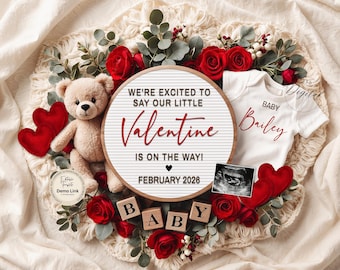Valentine&#39;s Day Baby Announcement, Pregnancy Announcement, Editable Template, Neutral Baby Reveal, Digital Download, Little Valentine