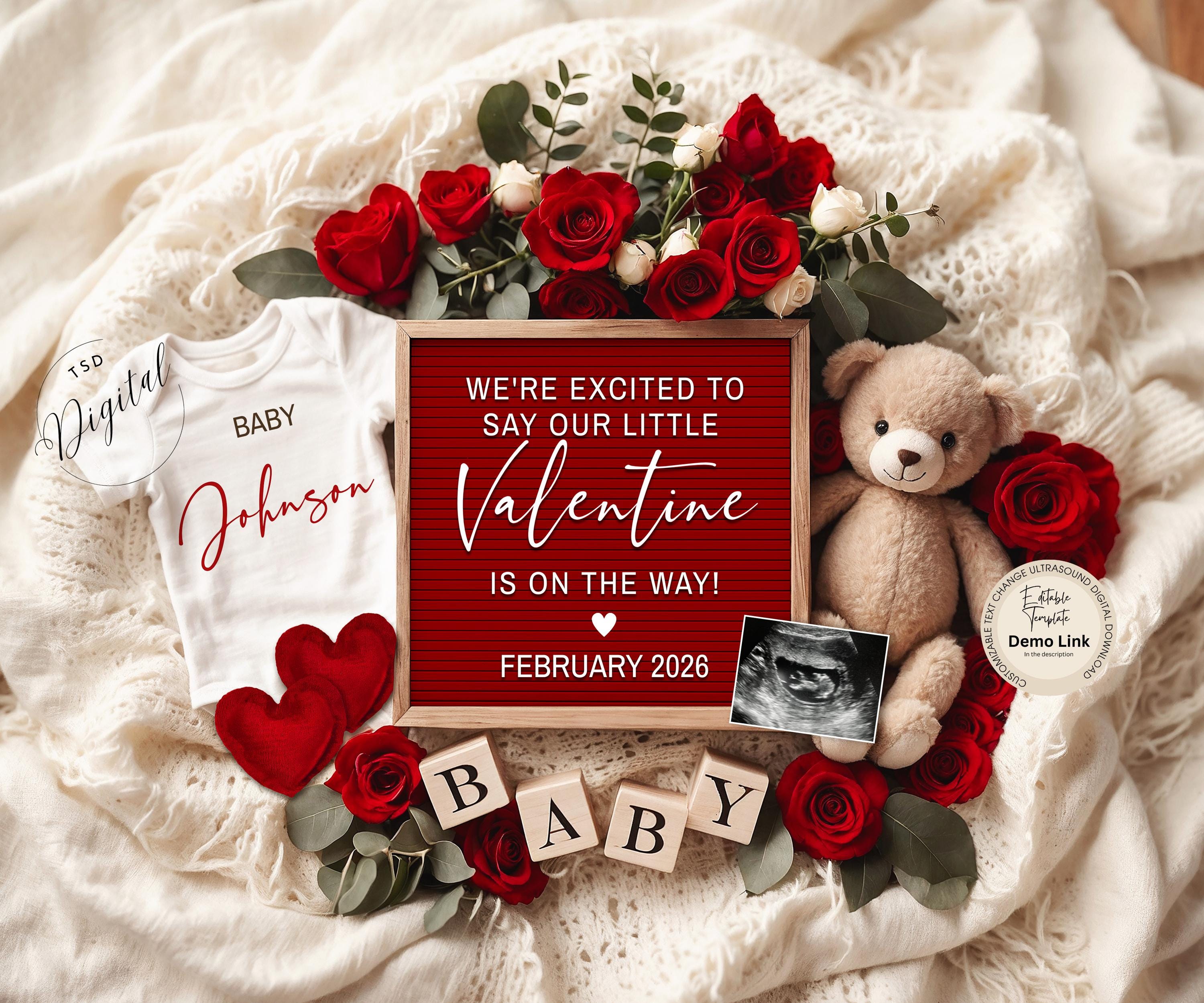 Valentine's Day Pregnancy Announcement, Baby Announcement, Editable Template, Neutral Baby Reveal, Digital Download, February Valentine