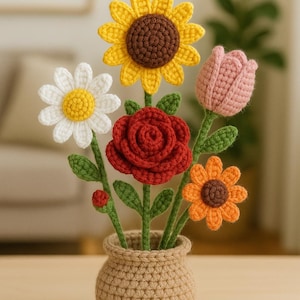 Handmade Crochet Flower Bouquet: Everlasting Roses & Daisies
