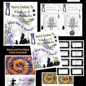 May include: A Witches and Broomsticks Bunco party game set featuring invitations, scorecards, and table signs. The designs include black and white illustrations of witches, cauldrons, spiders, and striped stockings, accented with orange, purple, and green tie-dye patterns.