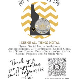 Op de afbeelding: Een digitale designadvertentie met de tekst "All The Things By Stef". Het ontwerp bevat een goud-witte chevron-achtergrond, een silhouet van Idaho en een logo. De tekst vermeldt diensten zoals flyers, sociale media en uitnodigingen.