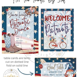 Deze custom Patriotic Bunco-set wordt geleverd met scorekaarten, fiches, tafelnummers/instructietenten, uitnodiging, welkomstborden, spookspeler.