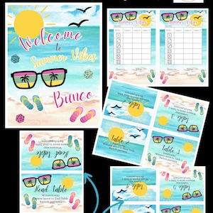 May include: Summer Vibes Bunco game set. The set includes a welcome sign, scorecards, and table cards. The design features sunglasses, palm trees, flip-flops, and dice against a beach and sun background. The text "Welcome to Summer Vibes Bunco" is displayed.
