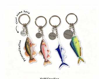 Porte-clés poisson personnalisé breloque poisson aquarelle acrylique, cadeau de pêcheur personnalisé avec étiquette en métal gravée pour papa ou pêcheur