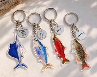 Personalized Fish Keychain, Watercolor Acrylic Fish With Hand Stamped Name Tag, Fishing Gift for Angler, Fisherman Dad Gift