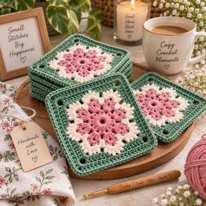 May include: A stack of square crochet coasters featuring a sage green border, a white petal-like middle layer, and a dusty pink center. Each coaster has a floral motif. A wooden crochet hook with the text Crochet Create Relax Repeat is included.