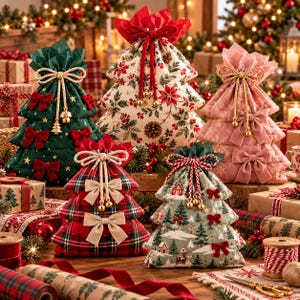 Pode incluir: Cinco sacos de presente de tecido acolchoado em forma de árvore de Natal. Os sacos apresentam vários padrões, incluindo verde com estrelas douradas, creme com poinsétias, rosa com flocos de neve, xadrez vermelho e uma paisagem de inverno, com laços.