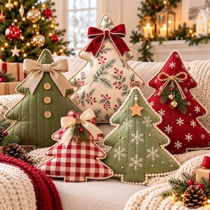 May include: Five tree-shaped decorative pillows featuring various designs: a solid olive green with a burlap bow and buttons, a cream fabric with red berries, a red plaid with a bow, a sage green with white snowflakes, and a red with white snowflakes.