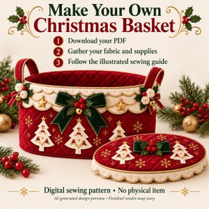 May include: A digital sewing pattern for a quilted Christmas basket with a lid. The red fabric features white embroidered Christmas trees and gold snowflakes. The basket has a scalloped cream trim, green bows, and red berry accents.